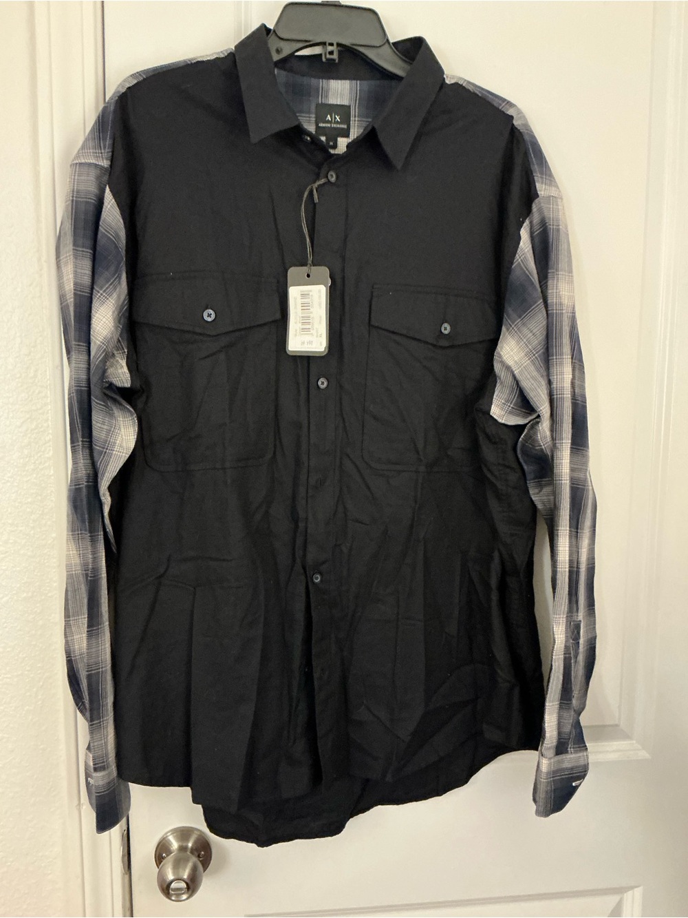 Armani Exchange NWT Men’s XL Black Plaid Panel Hybrid Utility Button Down Shirt